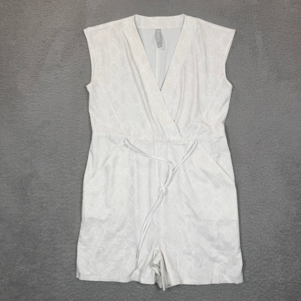 Athleta Womens White Snakeskin Print Sleeveless Wrap Front Romper Small Pockets